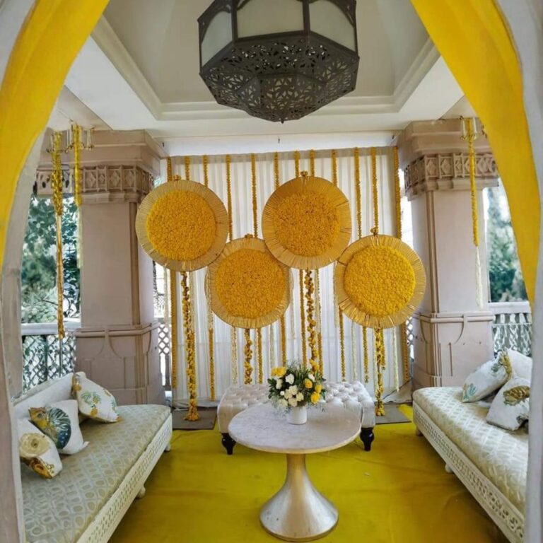 Elegant White & Yellow Haldi Lounge Setup