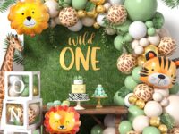 Safari 1st Birthday Decorations for Boys – “Wild One” Party Set with Sage Green Balloon Arch Kit & Balloon Boxes