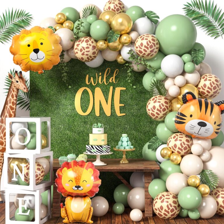 Safari 1st Birthday Decorations for Boys – “Wild One” Party Set with Sage Green Balloon Arch Kit & Balloon Boxes