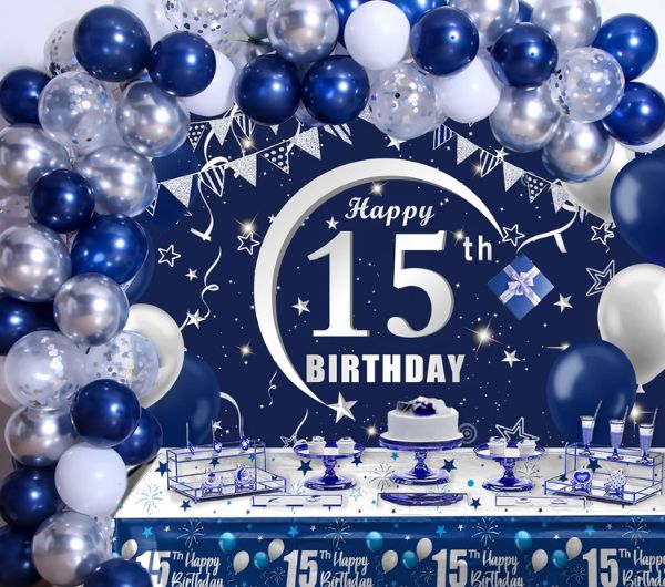 blue and white 15th birthday decoration