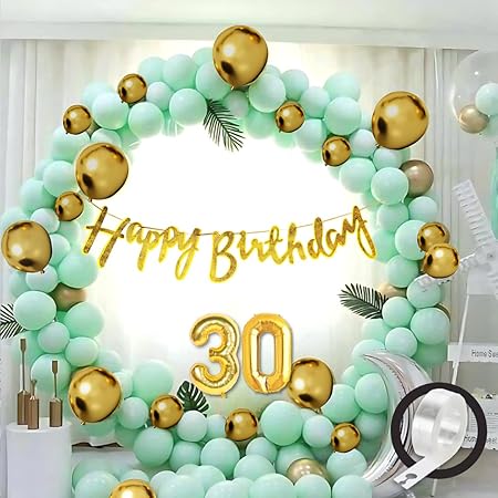 Flyloons 30th Birthday Decoration Kit Green & Gold Theme for Boys | Golden Glitter “Happy Birthday” Banner, Green Pastel & Gold