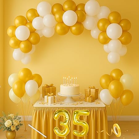 Flyloons 35th Birthday Decoration Kit – Gold & White Theme for Boys,Men 30 Pcs Metallic Gold & White Balloons with “Happy Birthday” Banner | Party Decoration Set