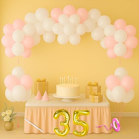 Flyloons 35th Birthday Decoration Kit – Pink & White Theme for Boys, Men | 30 Pcs Pastel Balloons with “Happy Birthday” Banner | Party Decoration Set