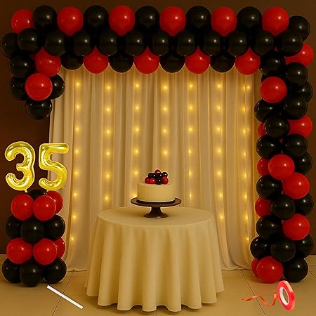 Flyloons 35th Birthday Decoration Kit – Red & Black Theme for Boys, Men | 30 Pcs Metallic Balloons with “Happy Birthday” Banner | Party Decoration Set