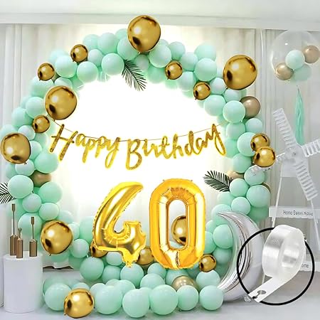 Flyloons 40th Birthday Decoration Kit – Green & Gold Theme for Boys & Kids | Golden Glitter “Happy Birthday” Banner, Green Pastel & Gold Chrome Balloons