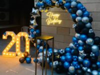 blue and white 20th birthday decor