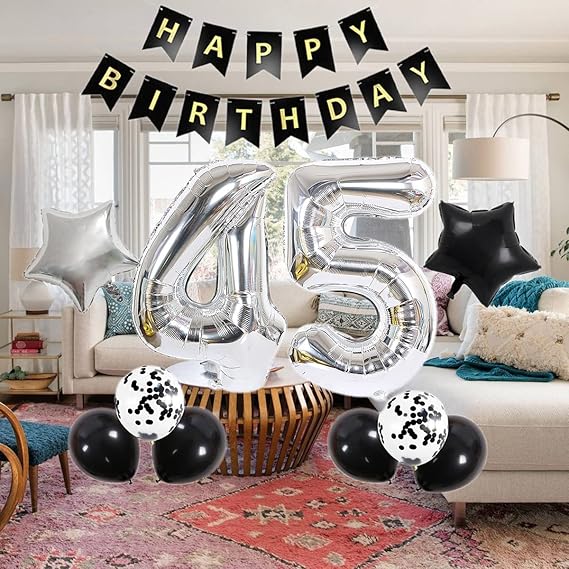 45th Birthday Decoration Balloons – Silver & Black Theme | Happy 45th Birthday Banner & Party Decor Set for Men or Boys