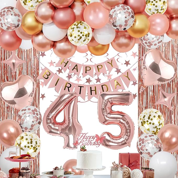 45th Rose Gold Birthday Decorations for Boys – Happy Birthday Banner, Fringe Curtains, Heart Foil & Confetti Balloons, Cake Topper