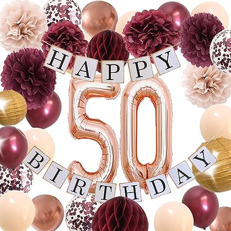 Women –Rose Gold 50 Birthday Supplies for Womens with Fabulous Champagne burgundy fall color flowers balloons Tissues Decor