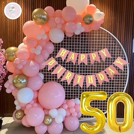 Flyloons 50th Birthday Decoration Items Pink and White Theme Combination for Girls Women Princes | 30 Pcs Pink White Gold