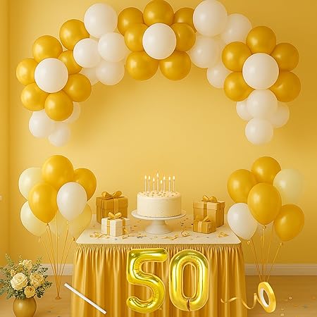 Flyloons 50th Birthday Decoration Kit – 30 Pcs Gold & White Metallic Balloons Set | Happy 50 Years Celebration Décor for Boys,Men, Husband, Wife, Father
