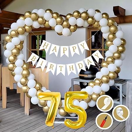Mystic Toy Store 75th Birthday Decoration Items for Golden and White Theme Combination for Boys Girls | 50 Pcs Gold White Balloon | White Birthday Banner