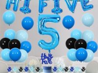 Jollyboom Hi-Five 5th Birthday Party Decoration Kit for Boys – Blue & Black Backdrop, Cake & Cupcake Toppers, Number 5 Foil Balloon