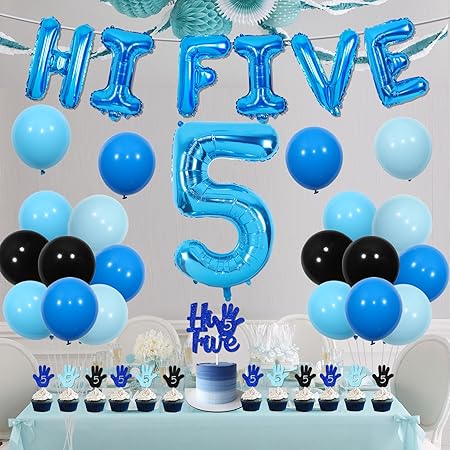 Jollyboom Hi-Five 5th Birthday Party Decoration Kit for Boys – Blue & Black Backdrop, Cake & Cupcake Toppers, Number 5 Foil Balloon
