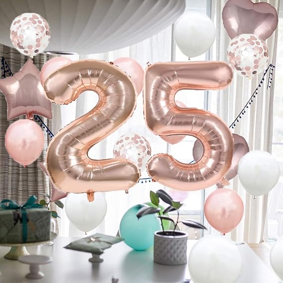 These large number 25 rose gold balloons bundle will complete your