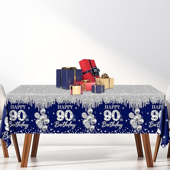 Silver & Blue Theme Celebrate his milestone in style with this 3-piece Silver and Blue 90th Birthday Tablecloth Set! Each rectangle table
