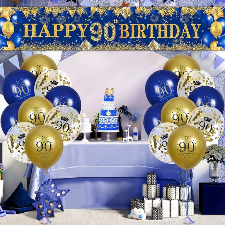 90th Birthday Navy Blue & Gold Party Decorations – Banner, Honeycomb Centerpiece, Swirls & Paper Pompoms