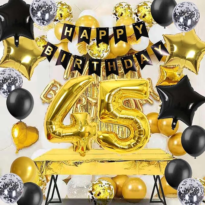 45th Birthday Decorations Black Gold for Men Women, 45th Birthday Banners Number 45 Birthday Balloons Star Foil