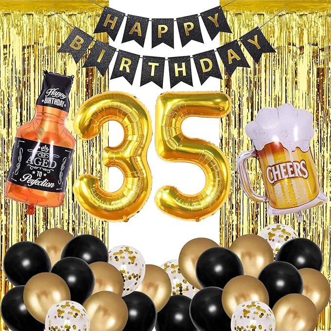 35th Birthday Decoration Kit for Men – Black & Gold Theme | Happy 35th Birthday Party Decorations for Him | Stylish 35 Year Old Birthday Decor