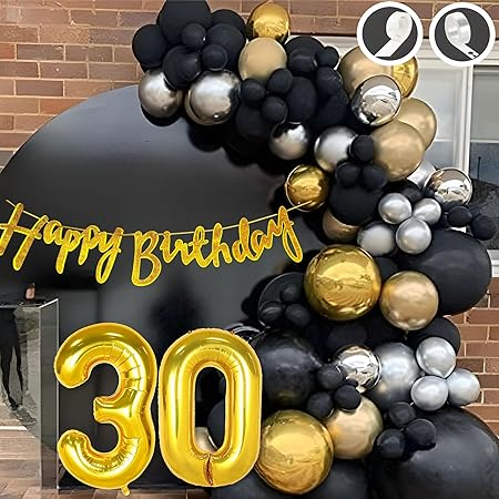 Flyloons 30th Birthday Decoration Kit – Golden & Black Theme for Boys 30 Pcs Gold, Black & Silver Balloons with Gold “Happy Birthday” Banner