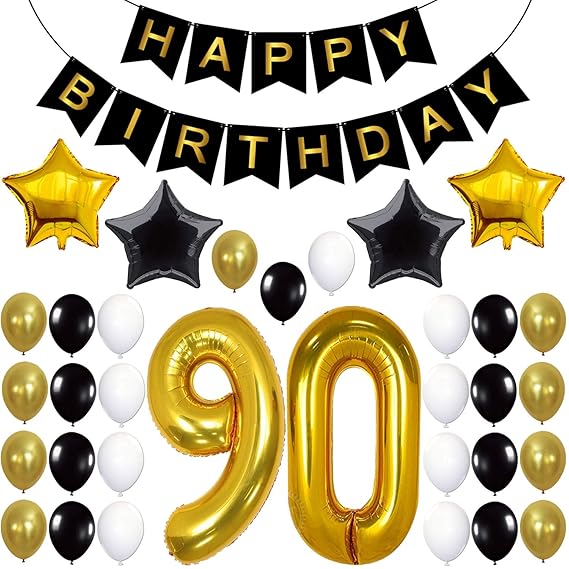 90th Birthday Decorations Party Supplies – Black & Gold Theme | Large Number 90 Foil Balloons