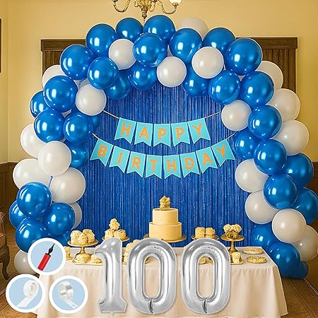 Toy Store 100th Birthday Decoration Kit – Blue & White Theme for Boys  | 50 Pcs Blue & White Balloons, 2 Blue Foil Curtains, Blue Banner