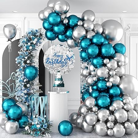 Flyloons 100 Pcs Blue & Silver Metallic Chrome Balloons – Birthday & Anniversary Party Decorations for Boys, Men