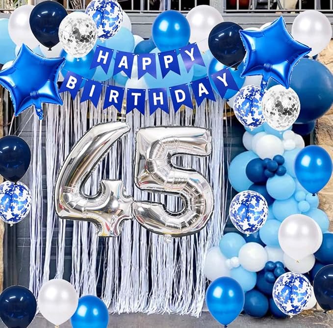 45th Birthday Decoration Kit – Blue & Silver Theme for Men | Happy Birthday Banner, Number 45 Foil Balloons, Star & Confetti Balloons