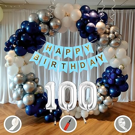 Mystic Toy Store 100th Birthday Decoration Kit – Blue & White Theme for Boys | 50 Pcs Blue, White & Silver Balloons with Banner