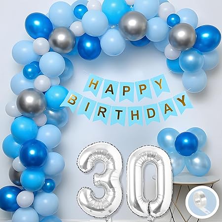 Flyloons 30th Birthday Decoration Kit – Blue & White Theme for Boys, Girls, Men & Women | 30 Pcs Blue, White & Silver Balloons | Party Decoration Set