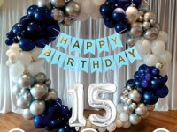 Mystic Toy Store 15th Birthday Decoration Kit for Boys Blue and White Theme Combo | 50 Pcs Blue, White & Silver Balloons with Blue “Happy Birthday” Banner | Party