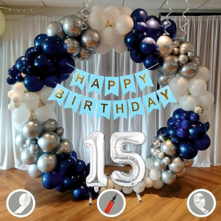 Mystic Toy Store 15th Birthday Decoration Kit for Boys Blue and White Theme Combo | 50 Pcs Blue, White & Silver Balloons with Blue “Happy Birthday” Banner | Party