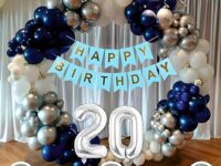 Mystic Toy Store 20th Birthday Decoration Kit for Boys Blue & White Theme Combo | 50 Pcs Blue, White & Silver Balloons with Blue “Happy Birthday” Banner & Balloon Pump