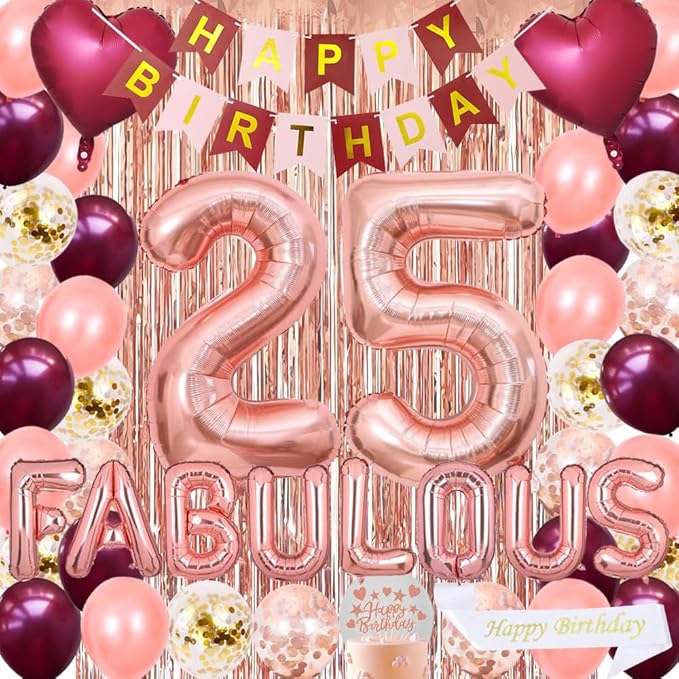 25th Birthday Decoration Kit – Burgundy & Pink Theme | Happy Birthday Paper Banner, Sash, Cake Topper, Latex & Foil Number 25 Balloons | Party Supplies