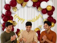 Party Propz 53-Pc Happy Birthday Decoration Kit – Happy Birthday Banner, Arch Roll, Glue Dots, Golden, White & Burgundy Balloons | Party Decoration Set