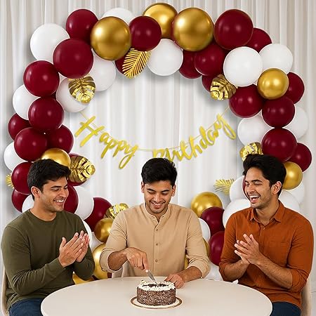 Party Propz 53-Pc Happy Birthday Decoration Kit – Happy Birthday Banner, Arch Roll, Glue Dots, Golden, White & Burgundy Balloons | Party Decoration Set
