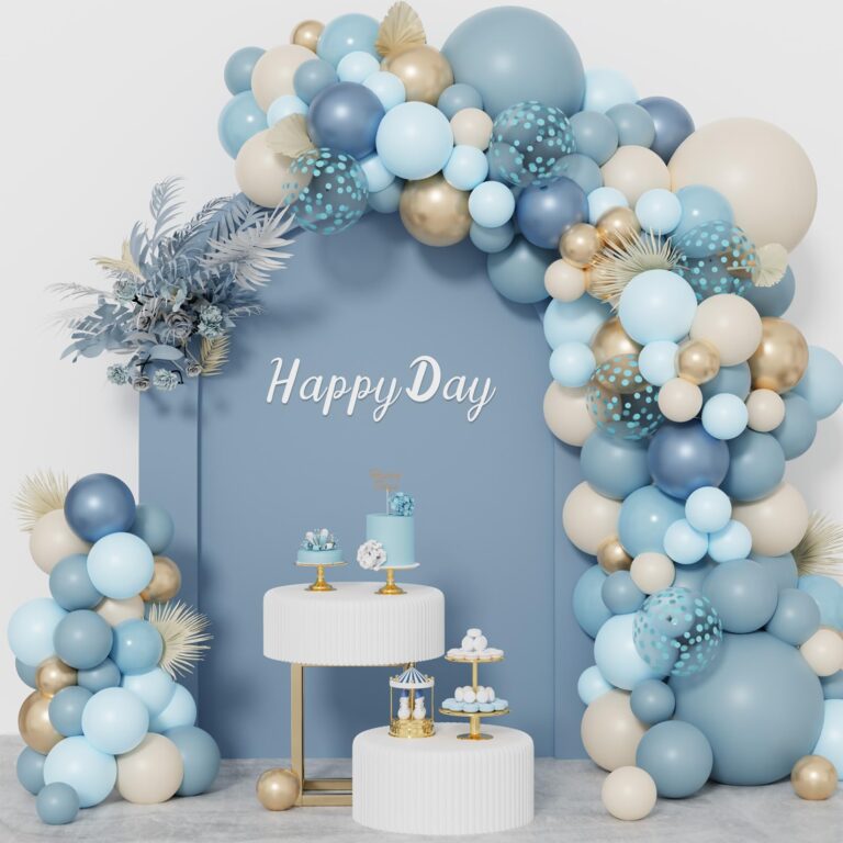 172-Pcs Dusty Blue Balloon Arch Garland Kit – Pastel Blue, Chrome Gold, Sand & White Confetti Balloons for Baby Shower, Boy Shower