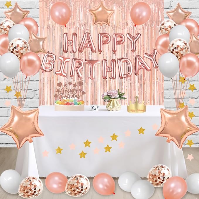 Fancypartyshop 45th Birthday Decorations – Rose Gold Happy Birthday Banner and Sash with Number 45 Balloons