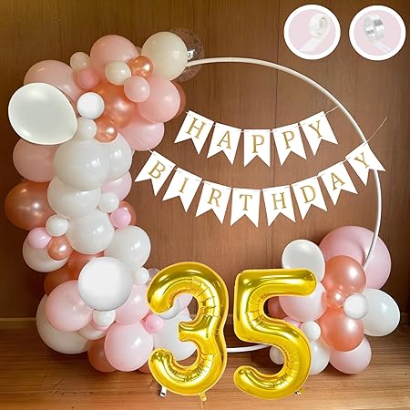 Flyloons 35th Happy Birthday Decoration White and Pink Theme