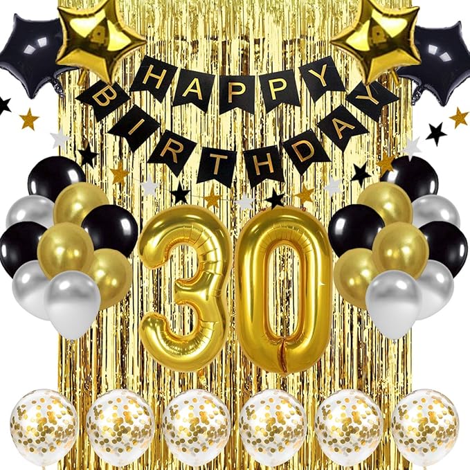 Black and Gold 30th Birthday Decorations Banner Balloon