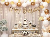 Party Propz 69-Pc Happy Birthday Decoration Kit for Girls – White & Gold Theme, Backdrop, White Net Curtain & Gold “Happy Birthday” Banner | Party Decoration Set