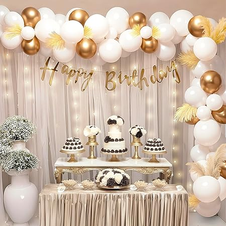 Party Propz 69-Pc Happy Birthday Decoration Kit for Girls – White & Gold Theme, Backdrop, White Net Curtain & Gold “Happy Birthday” Banner | Party Decoration Set