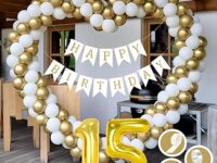Mystic Toy Store 15th Birthday Decoration Kit for Boys Golden and White Theme Combo | 50 Pcs Gold & White Balloons with “Happy Birthday” Banner, Balloon Pump