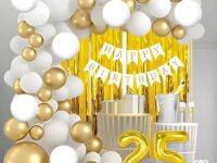 Mystic Toy Store 25th Birthday Decoration Kit for Boys Golden & White Theme Combo | 50 Pcs Gold & White Balloons, 2 Gold Foil Curtains
