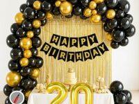 Mystic Toy Store 20th Birthday Decoration Kit for Boys Golden & Black Theme Combo | 50 Pcs Gold & Black Balloons with 2 Gold Foil Curtains | Party Decoration Set Items