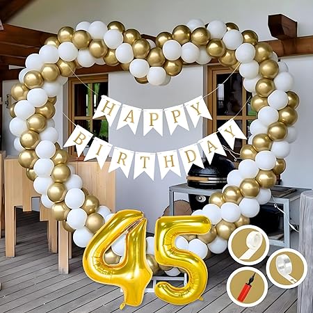 Mystic Toy Store 45th Birthday Decoration Kit – Golden & White Theme for Boys| 50 Pcs Gold & White Balloons with White