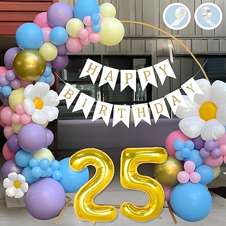 Flyloons 25th Birthday Decoration Kit Multicolor Theme for Boys, | 30 Pcs Mixed Color Balloons with White “Happy Birthday” Paper Banner