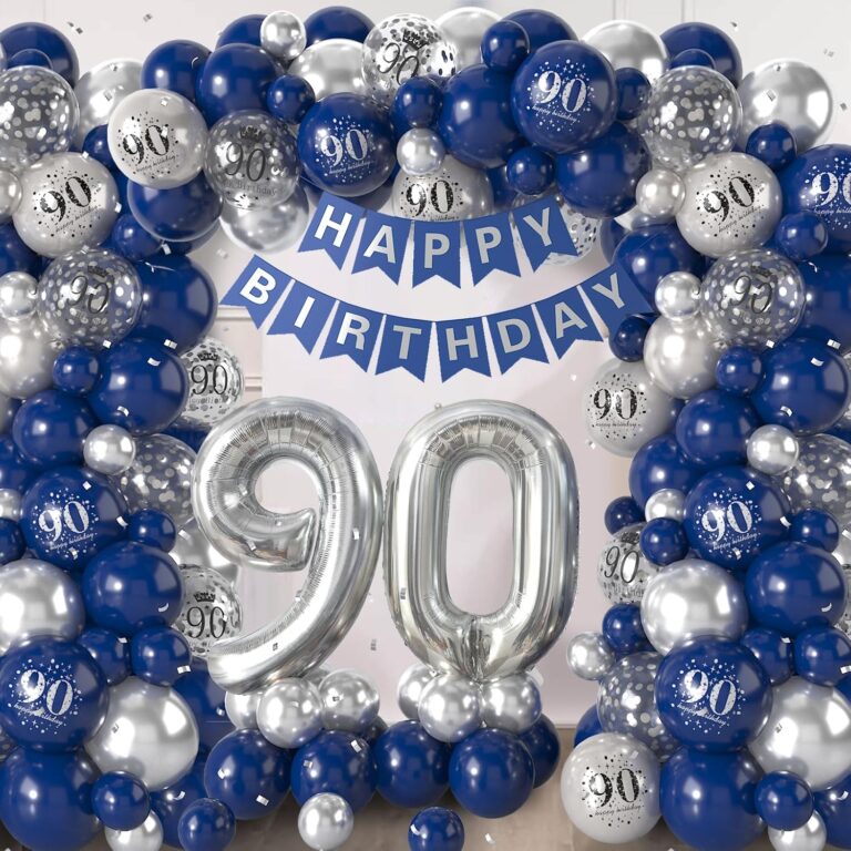 90th Birthday Decorations – Navy Blue & Silver Theme | Balloon Garland with Number 90 Foil Balloons & Happy Birthday Banner for Men
