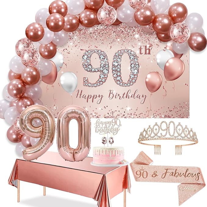 Rose Gold Balloon Set for Women Celebrate her 90th birthday in glamorous style with our Rose Gold 90th Birthday Decoration Set!