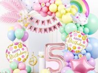 Pop The Party 59pcs Pastel Rainbow Balloon Arch Kit – Aluminum & Cardstock Balloons, Happy Birthday Banner, Arch Tape & Glue Dots